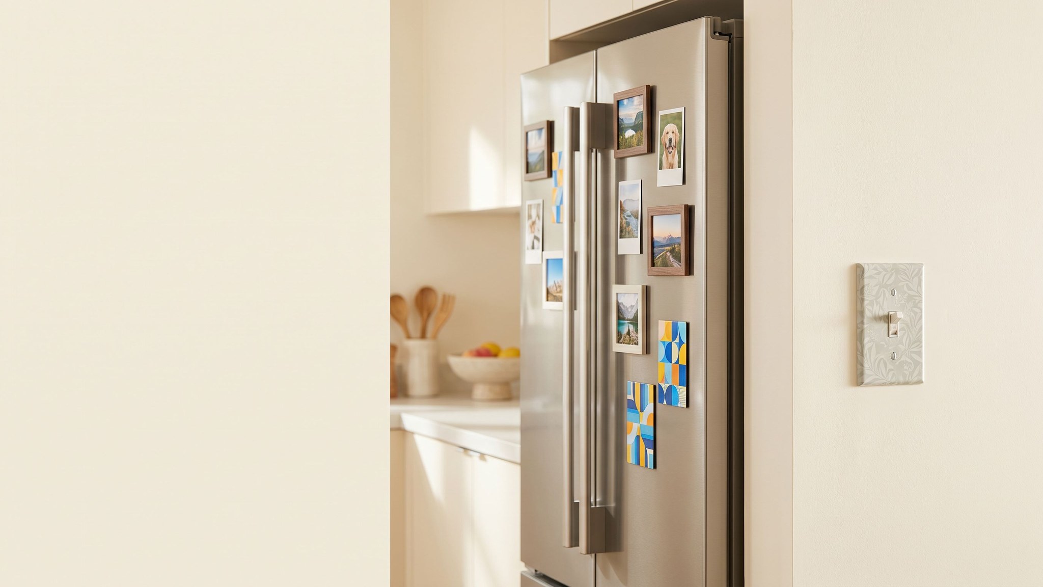 A refrigerator covered with custom photo and pattern magnets beside a decorative light switch cover on the wall, in a warm kitchen